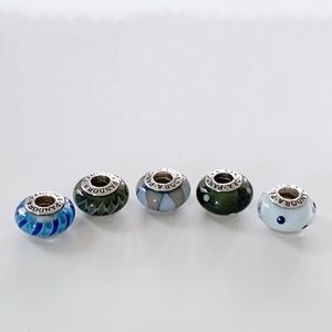 Authentic Pandora Blue and Gray Murano Glass Charms Bundle of 5 Beads